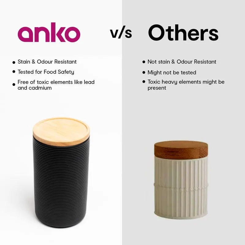 Anko 300ml & 1.7L Stoneware Ceramic Jars for Kitchen Storage | Airtight Container Set for Kitchen with Rubberwood Lid & Silicone Ring | Kitchen Container for Snacks, Tea, Sugar | Black | Set of 4