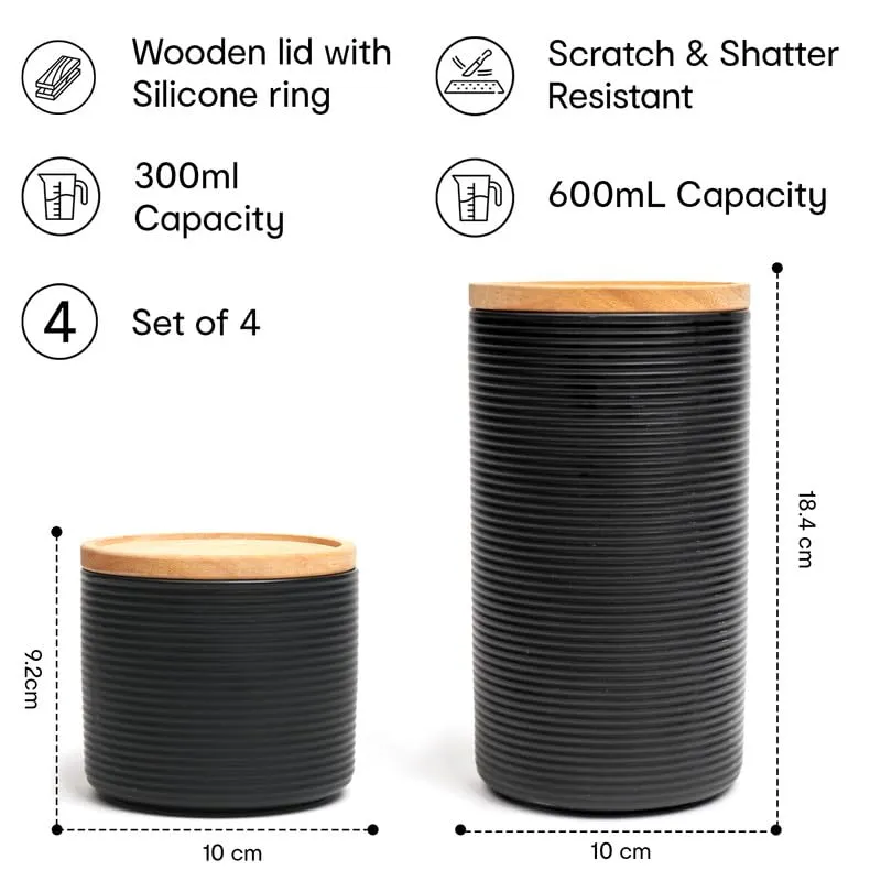 Anko 300ml & 1.7L Stoneware Ceramic Jars for Kitchen Storage | Airtight Container Set for Kitchen with Rubberwood Lid & Silicone Ring | Kitchen Container for Snacks, Tea, Sugar | Black | Set of 4