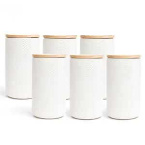 Anko 600ml Stoneware Ceramic Jars for Kitchen Storage | Container Set for Kitchen with Rubberwood Lid & Silicone Ring | Kitchen Container for Snacks, Tea, Sugar | White | Set of 6