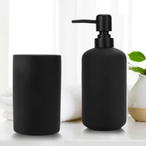 Anko Stoneware Soap Dispenser and Tumbler Set- 1Pc Each | Rust-Proof, Leak-Proof, Moisture-Resistant | Soft Touch, Easy to Clean | Black | 400 ml