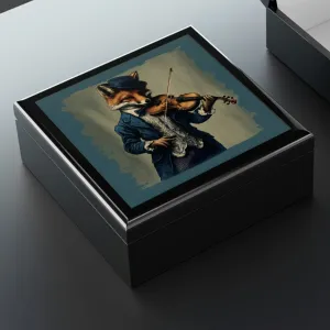 Fox Playing Violin Wood Keepsake Jewelry Box with Ceramic Tile Cover