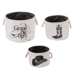 Grand Ole Opry Boot and Cowboy Hat Printed Fabric Basket Set of 3 with handles