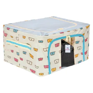 Heart Home Storage Box | Steel Frame Living Box | Storage Organizer For Clothes | Saree Cover for Woman | Teddy Print Print Cloth Organizer | 22 Liter | Sky Blue