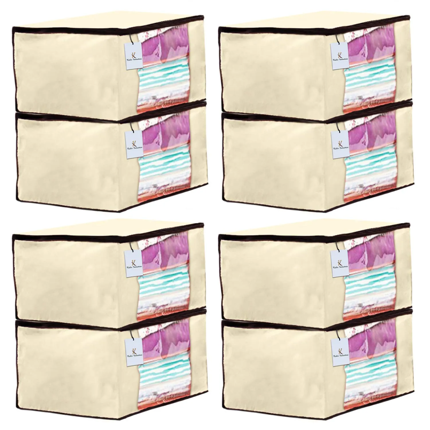 Kuber Industries 8 Piece Non Woven Fabric Saree Cover Set with Transparent Window, Extra Large, Ivory-CTKTC23733