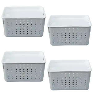 Kuber Industries Multipurpose Small Storage Basket with Lid|Dotted Design Storage Organizer|Basket For Cosmetic, Fruits, Assesories|Pack of 4|Grey|