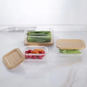 Kuber Industries Set of 3 Borosilicate Galss 1050ml, 640ml, 370ml Rectangular Food Kitchen Containers Set with Bamboo Lid | Multipurpose Storage Box for Fridge Organizers | Transparent