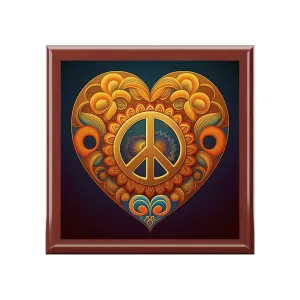 Peace Sign Heart Wood Keepsake Jewelry Box with Ceramic Tile Cover