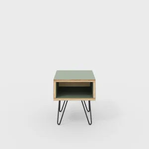 Plywood Bedside Table with Box Storage and Black Hairpin Legs - Formica Green Slate - 400(w) x 400(d) x 450(h)