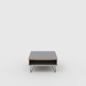 Plywood Coffee Table with Box Storage and Black Hairpin Legs - Formica Tornado Grey - 800(w) x 800(d) x 400(h)