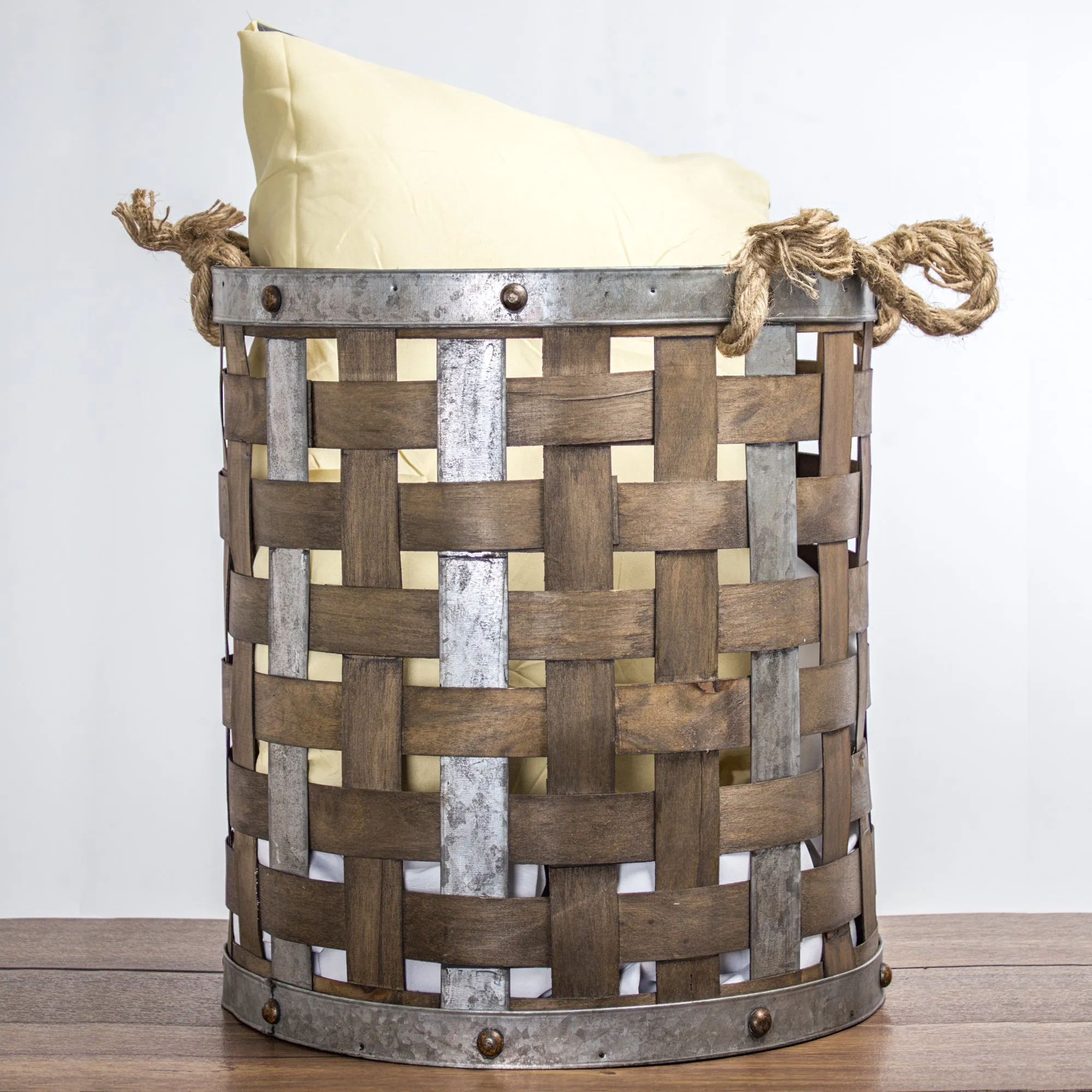 Rustic Farmhouse Bamboo and Metal Storage Basket (Medium)