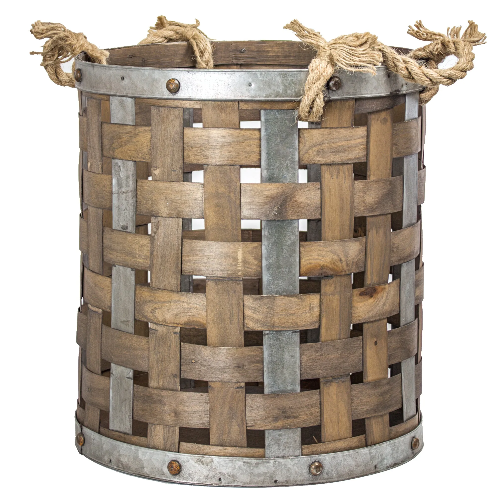 Rustic Farmhouse Bamboo and Metal Storage Basket (Medium)