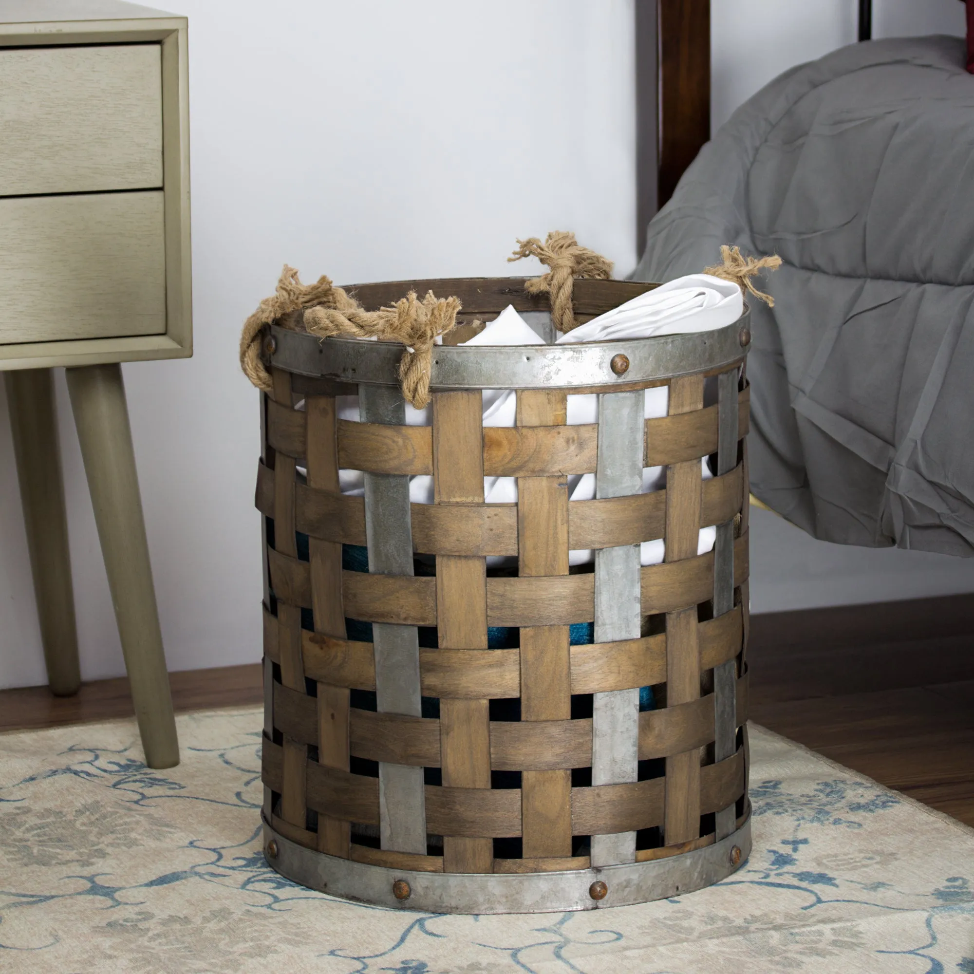 Rustic Farmhouse Bamboo and Metal Storage Basket (Medium)