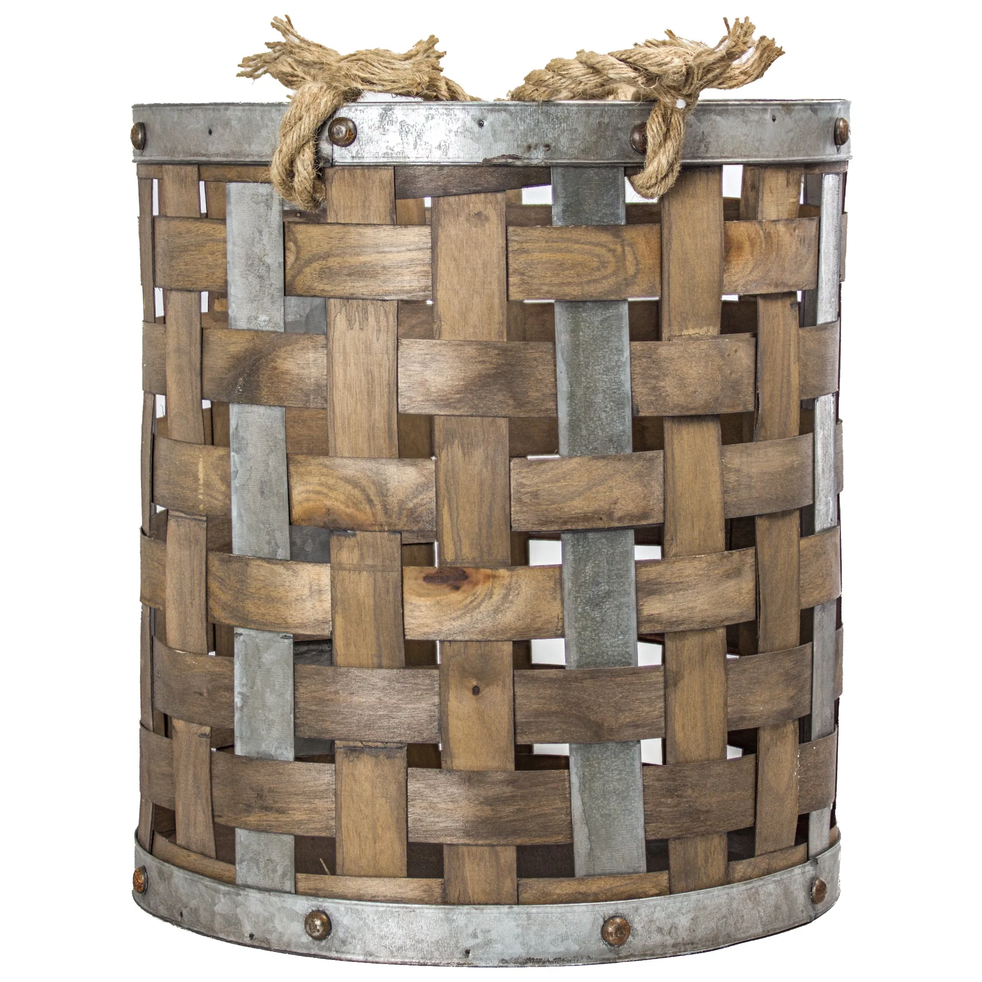 Rustic Farmhouse Bamboo and Metal Storage Basket (Medium)