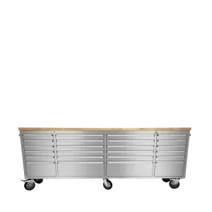 TMG Industrial 96” Stainless Steel Rolling Workbench, Rubberwood Tabletop, 24 Lockable Drawers, Locking Wheels, TMG-WB9624S